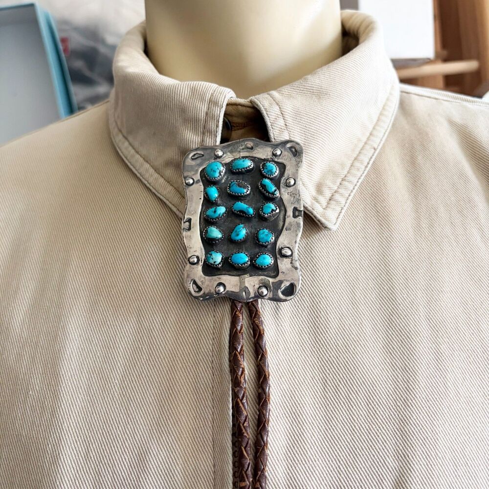 Vintage Sterling Silver Turquoise Bolo Tie 15 Stones Navajo Western Marked MC